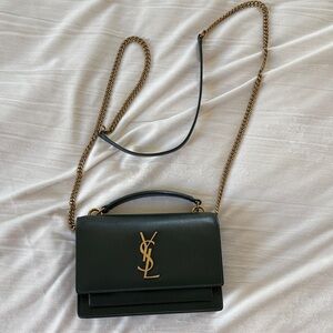 Saint Laurent Green Leather Shoulder Bag with Gold Hardware
